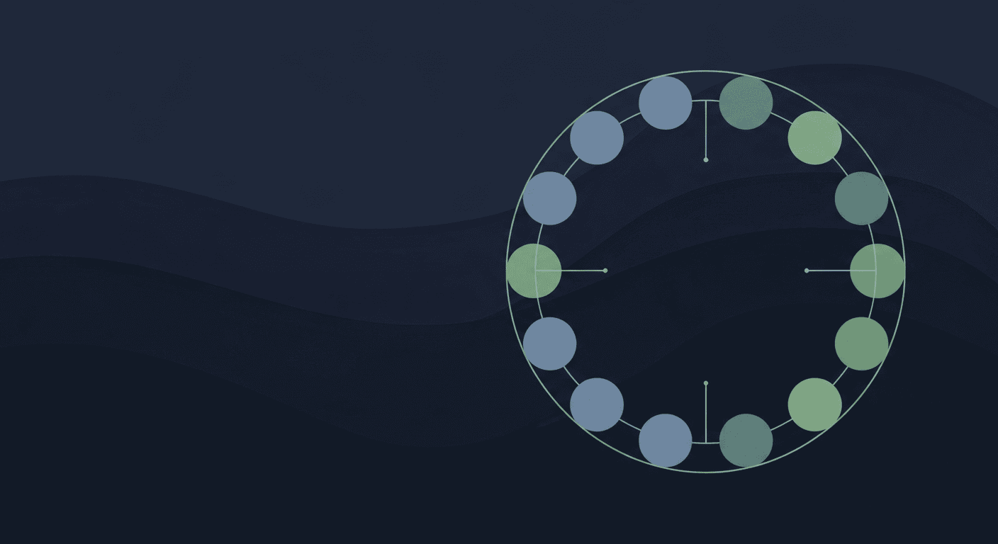 Abstract illustration of a circular ring of evenly spaced circles around an empty center