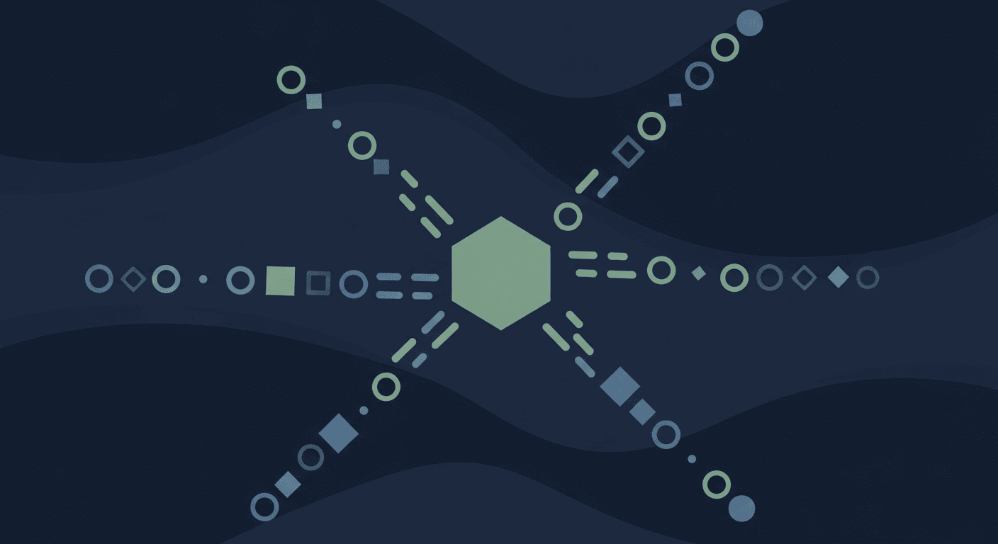 Abstract illustration of streams of distinct shape types converging on one central hexagon